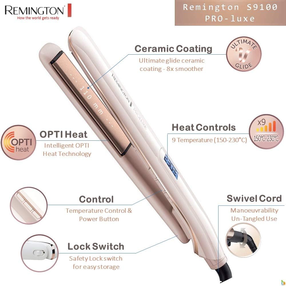 Remington Proluxe Ceramic Hair Straighteners With Pro+ Low Temperature Protective Setting, Rose Gold - S9100