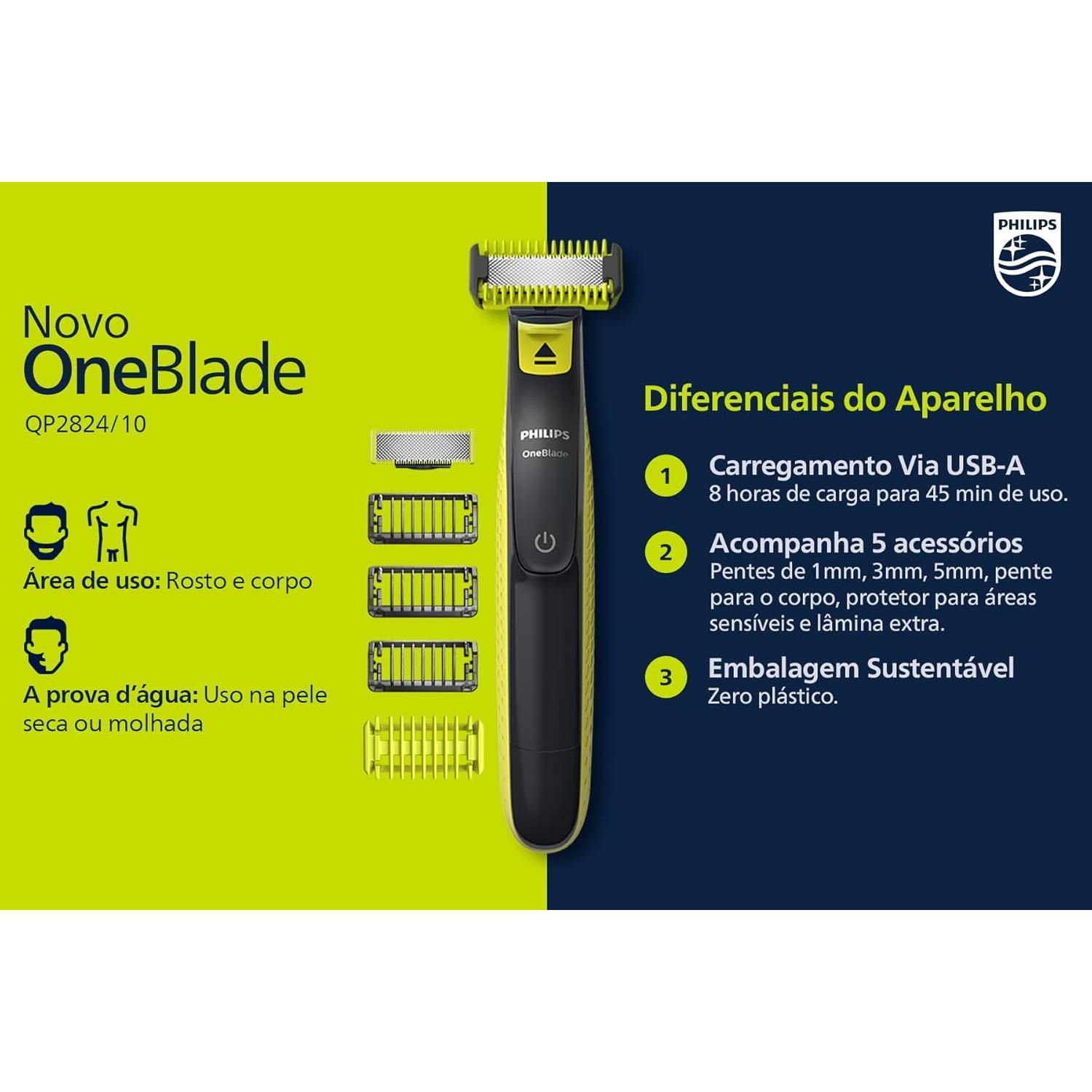 Philips OneBlade | Dual-Sided Blade | Unique One-Blade Technology | Long Lasting Battery | Waterproof | Electric Beard Trimmer, Shaver | Face + Body | QP2824