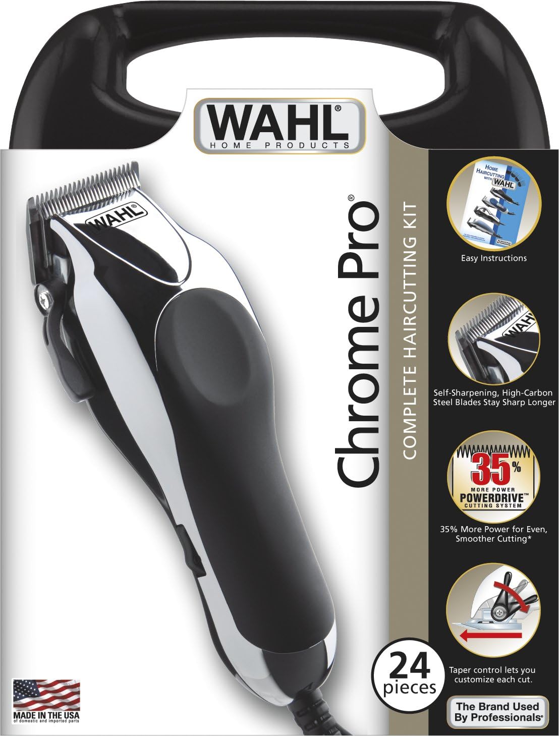 Wahl Chrome Pro Corded Hair Cutting Kit, Corded Hair Clipper Kit For Mens Grooming, 10 Comb Attachments With Handle Case, Self Sharpening Precision Blades With Taper Lever, 79524-227