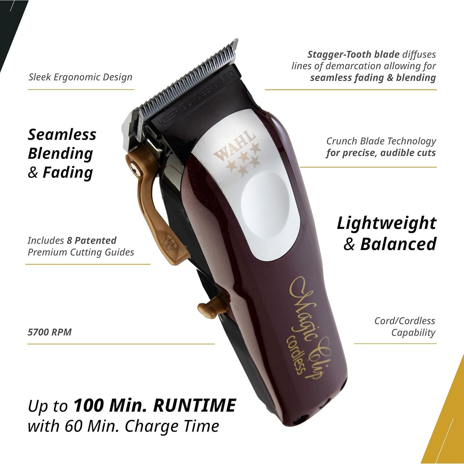 Wahl Professional 5-Star Cord/Cordless Magic Clip #8148 – Great for Barbers and Stylists – Precision Cordless Fade Clipper Loaded with Features – 90+ Minute Run Time