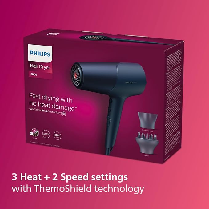 Philips 5000 Series Hair Dryer with ThermoShield Technology, 3 Heat and 2 Speed Levels, 2300 W Drying Power, BHD510/00